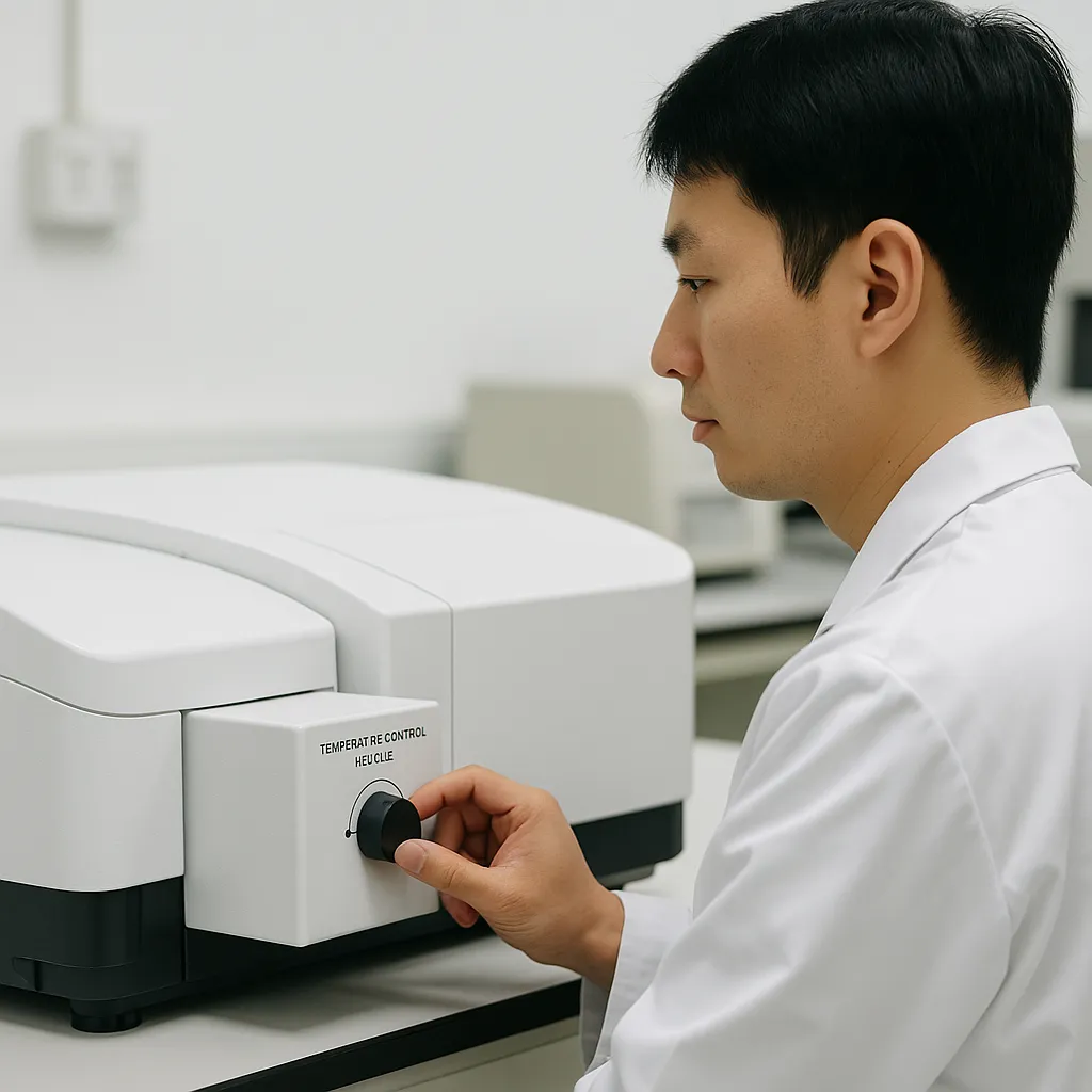 실험실 기술자가 UV-Vis 장비의 온도 제어 모듈을 조작하는 모습