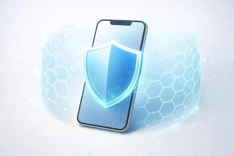 보안 방패 아이콘으로 스마트폰 보안 설정 점검을 표현한 이미지