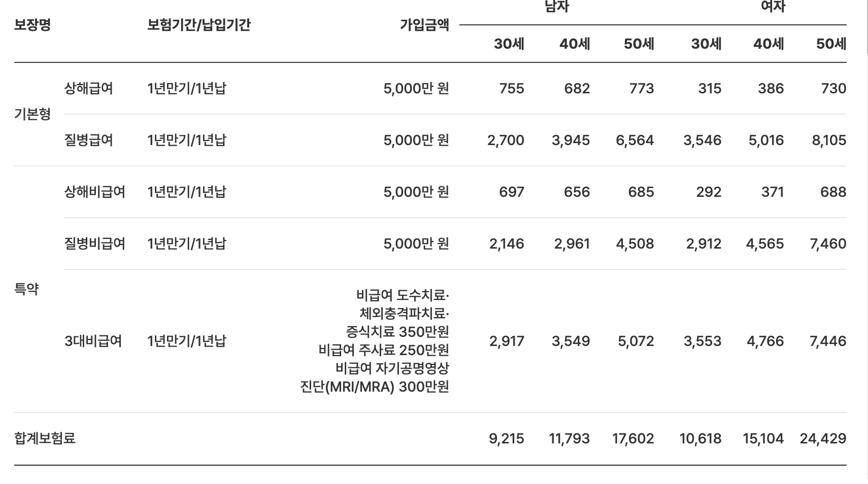 가입 예시 보장 표