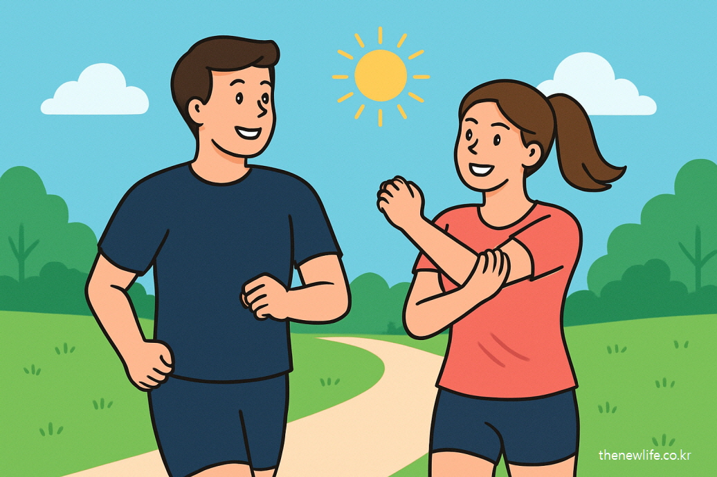 A cheerful illustration of a man and woman walking and stretching in a sunny park on a summer day.-맑은 여름날 공원에서 걷기와 스트레칭을 하는 남성과 여성의 밝은 일러스트 이미지입니다.