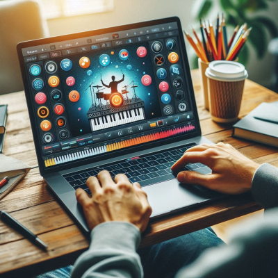 드럼 아이콘이 있는 음악 소프트웨어를 사용하는 사용자