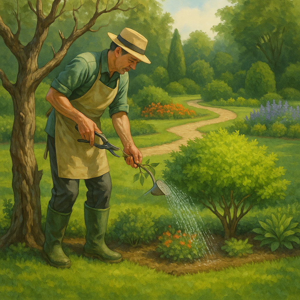 오래된 글을 관리하며 블로그 전체를 건강하게 성장 시키는 모습 정원사가 오래된 가지를 다듬고 꽃에 물을 주는 모습 블로그 관리 = 정원 가꾸기의 메타포 이미지