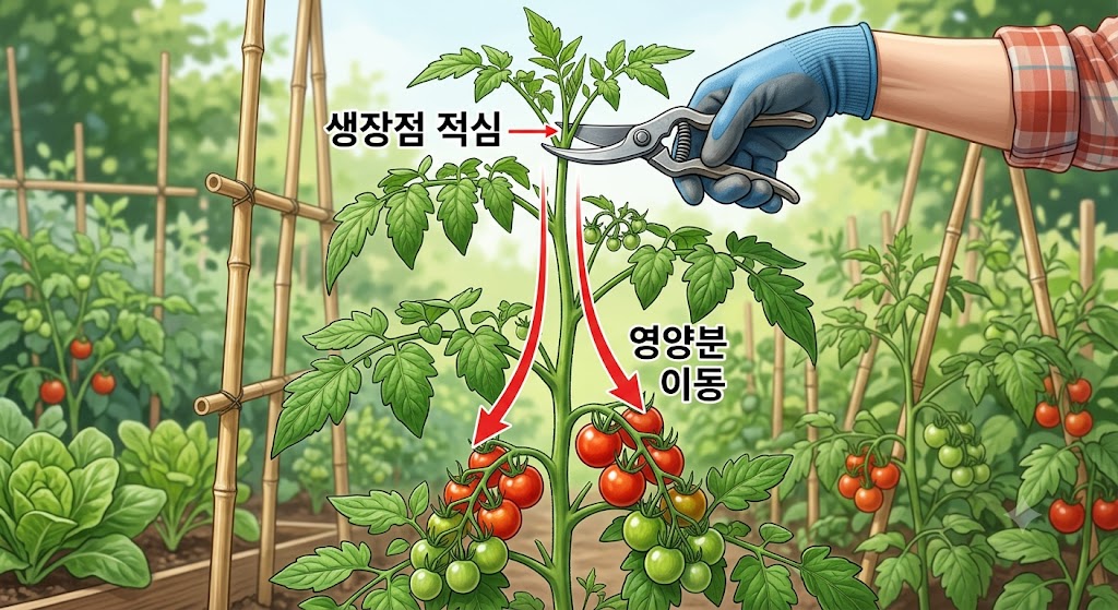 방울토마토 원줄기 맨 위쪽 생장점을 가위로 잘라 영양분이 아래쪽 열매로 이동하는 모습을 시각적으로 보여주는 설명 삽화