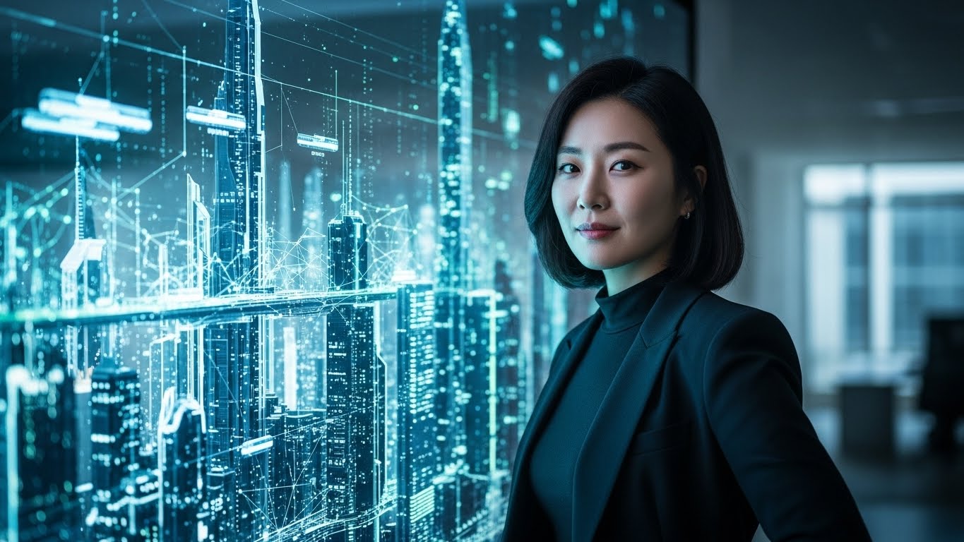 AI 에이전트 군단을 소유하고 자율 비즈니스를 리드하는 당당한 여성 리더의 초상