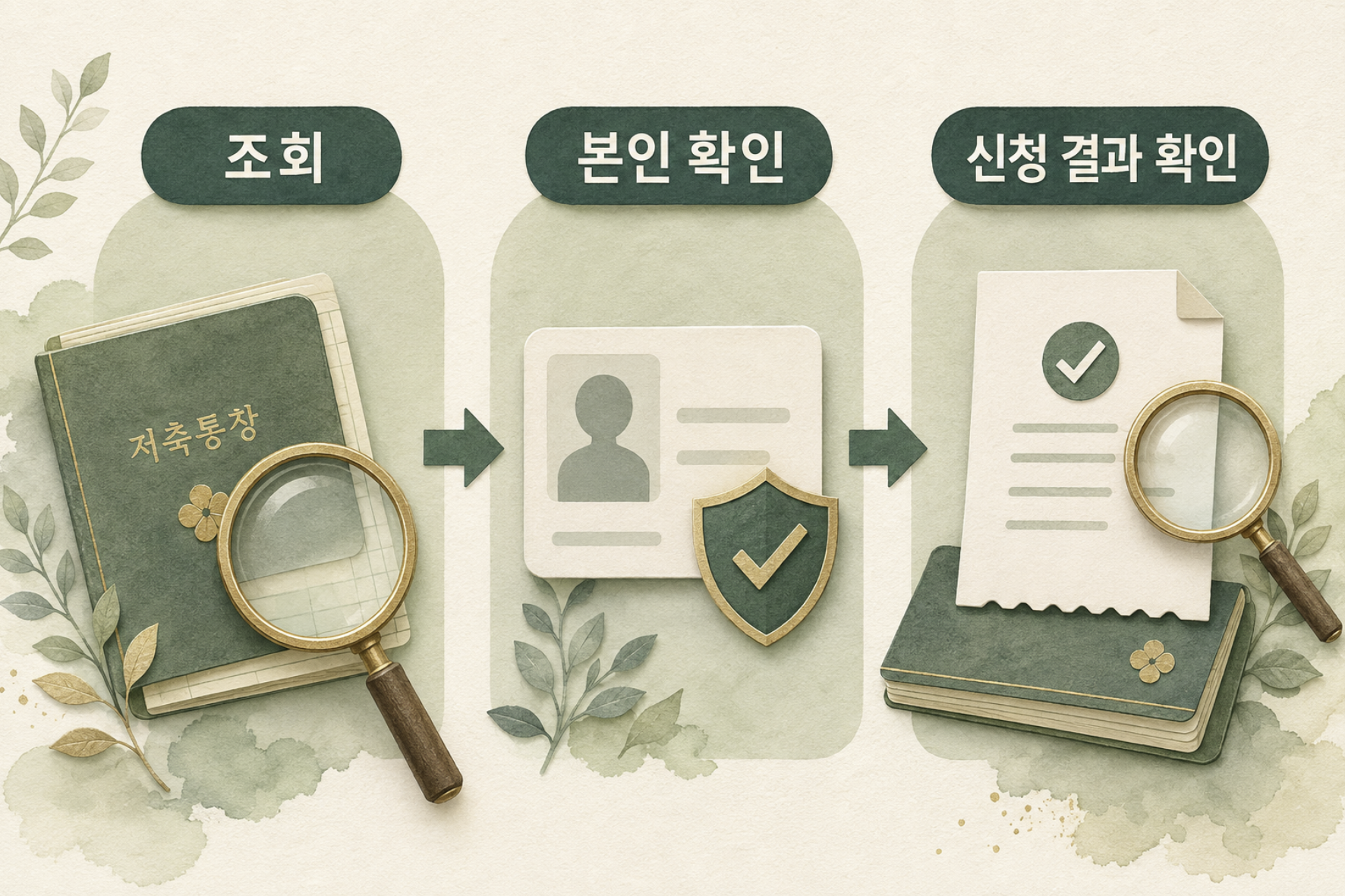 휴면예금 조회, 본인 확인, 신청 결과 확인을 설명하는 일러스트