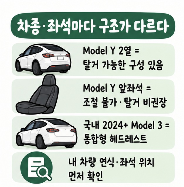 Model Y 2열은 탈거 가능한 구성이 있고 Model Y 앞좌석과 국내 2024+ Model 3는 구조와 공식 안내가 다름을 비교한 카드