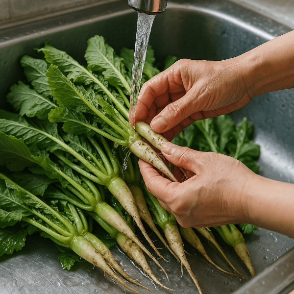 싱크대에서 세척하고 있는 열무