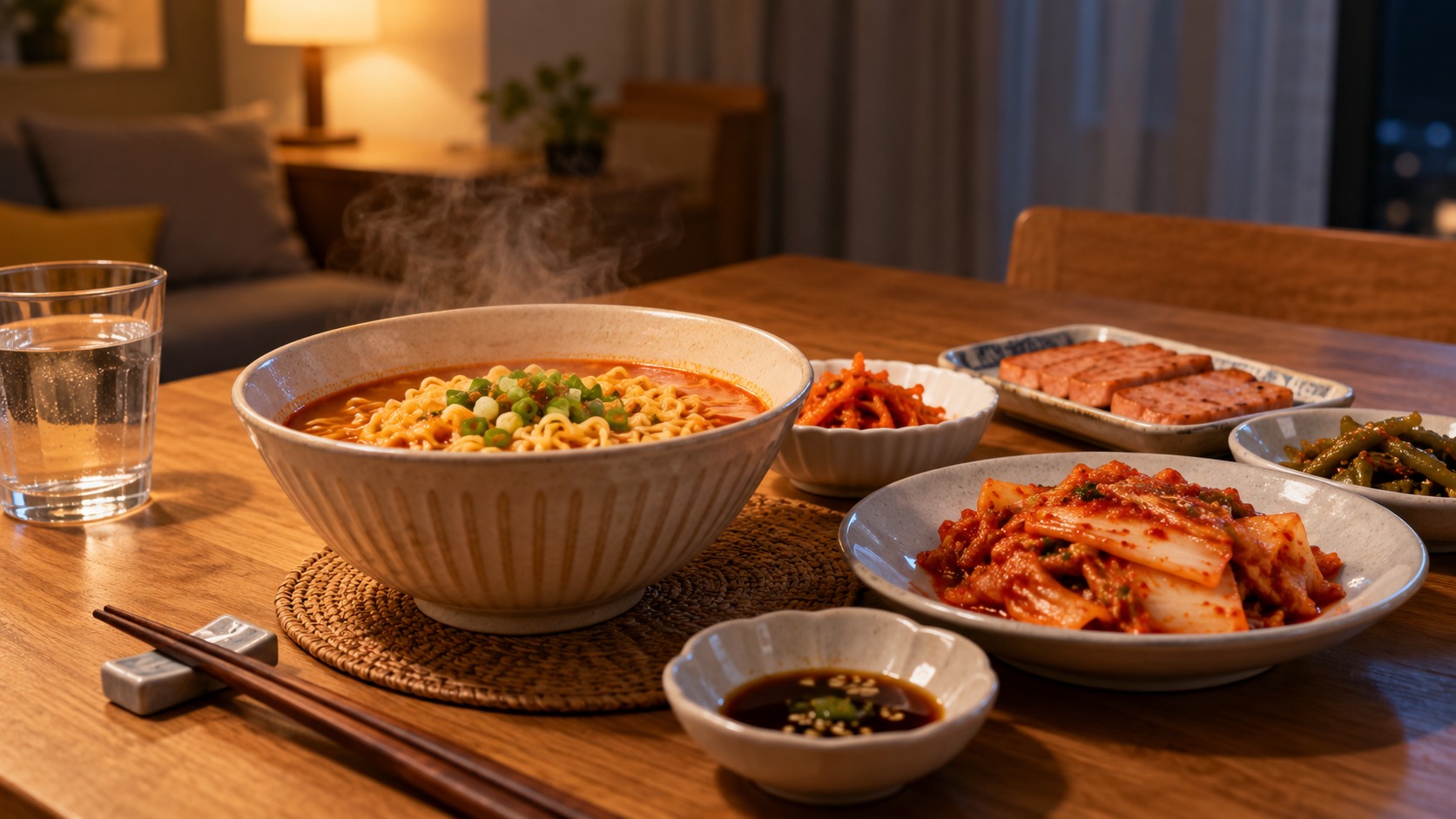 늦은 저녁 식탁에 라면과 김치 등 짠 음식이 놓인 모습