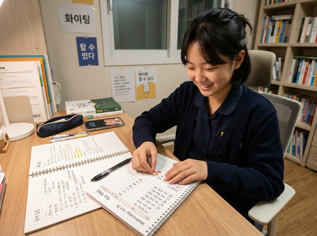 자신이 세운 학습 계획을 점검하고 표시하는 중학생