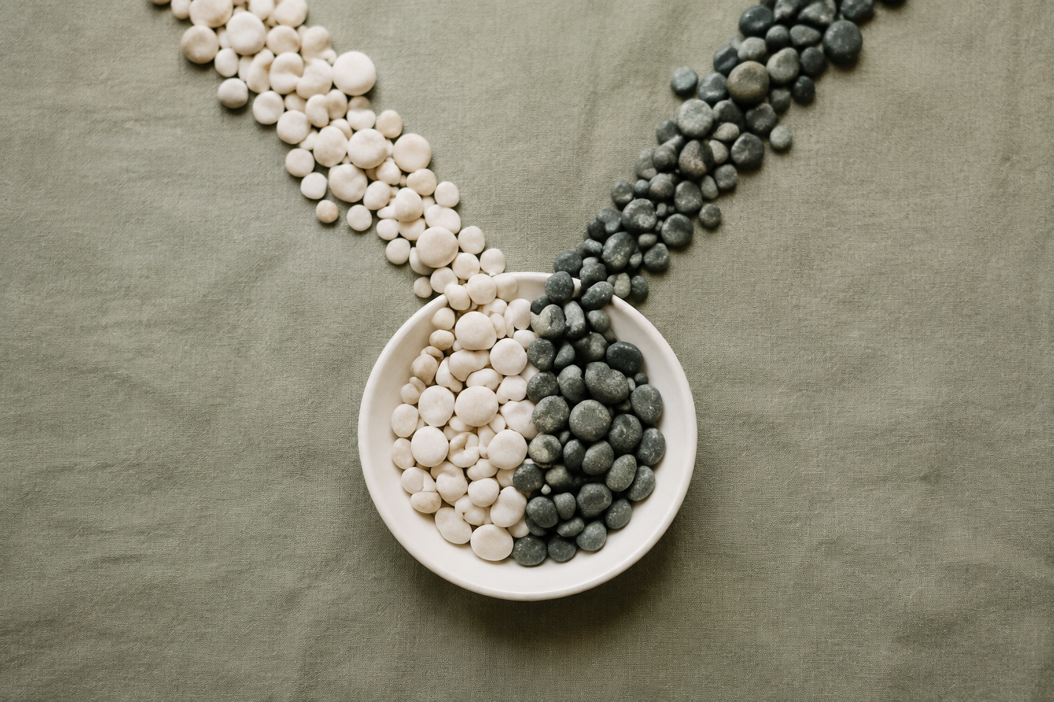 서로 다른 색의 자갈 두 줄이 한 그릇으로 모이는 모습