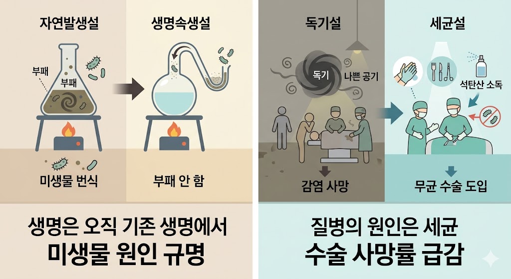 왼쪽에는 파스퇴르의 백조 목 플라스크 실험을 통해 미생물 번식과 부패의 원인을 규명하며 생명속생설을 입증하는 과정이 담겨 있습니다. 오른쪽은 독기설에서 세균설로의 패러다임 변화를 보여주며, 석탄산 소독과 무균 수술 도입으로 수술 사망률이 급감하는 의료계의 혁신적인 발전 모습을 대비하여 설명합니다.