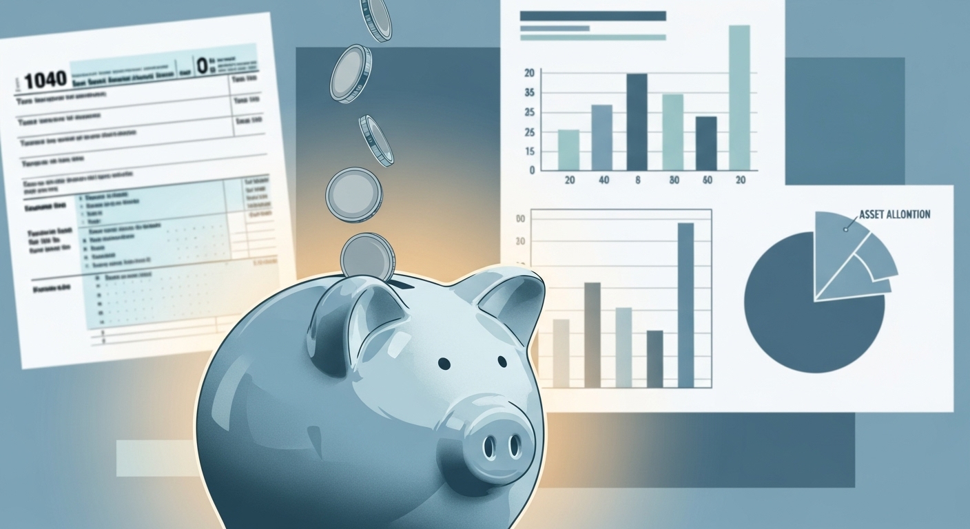 돼지 저금통에 동전이 가득 쌓이는 모습과 세금 관련 서류들. 개인연금의 세액공제 혜택과 재정적 성장을 상징합니다.