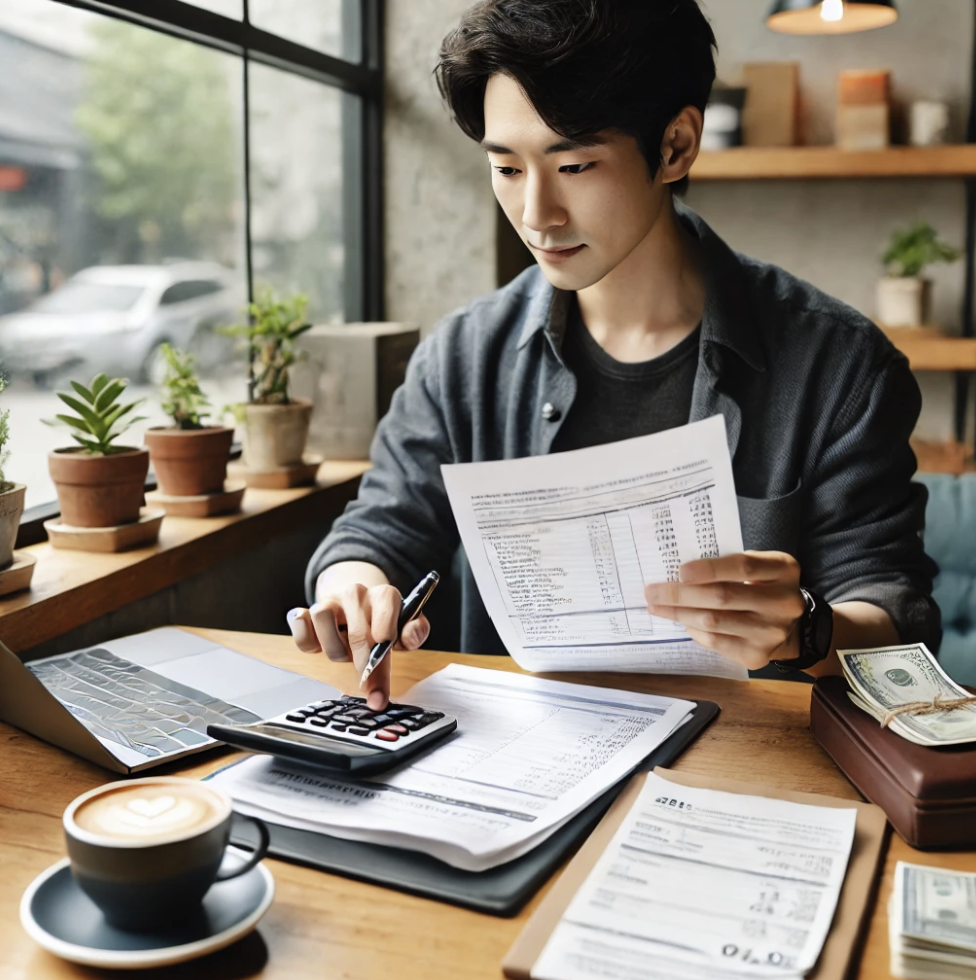 카페에서 부가가치세 신고 서류를 확인하는 소규모 사업자