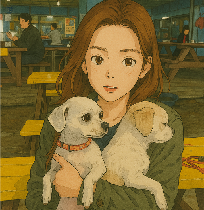 애견 두마리를 안고 있는 여자