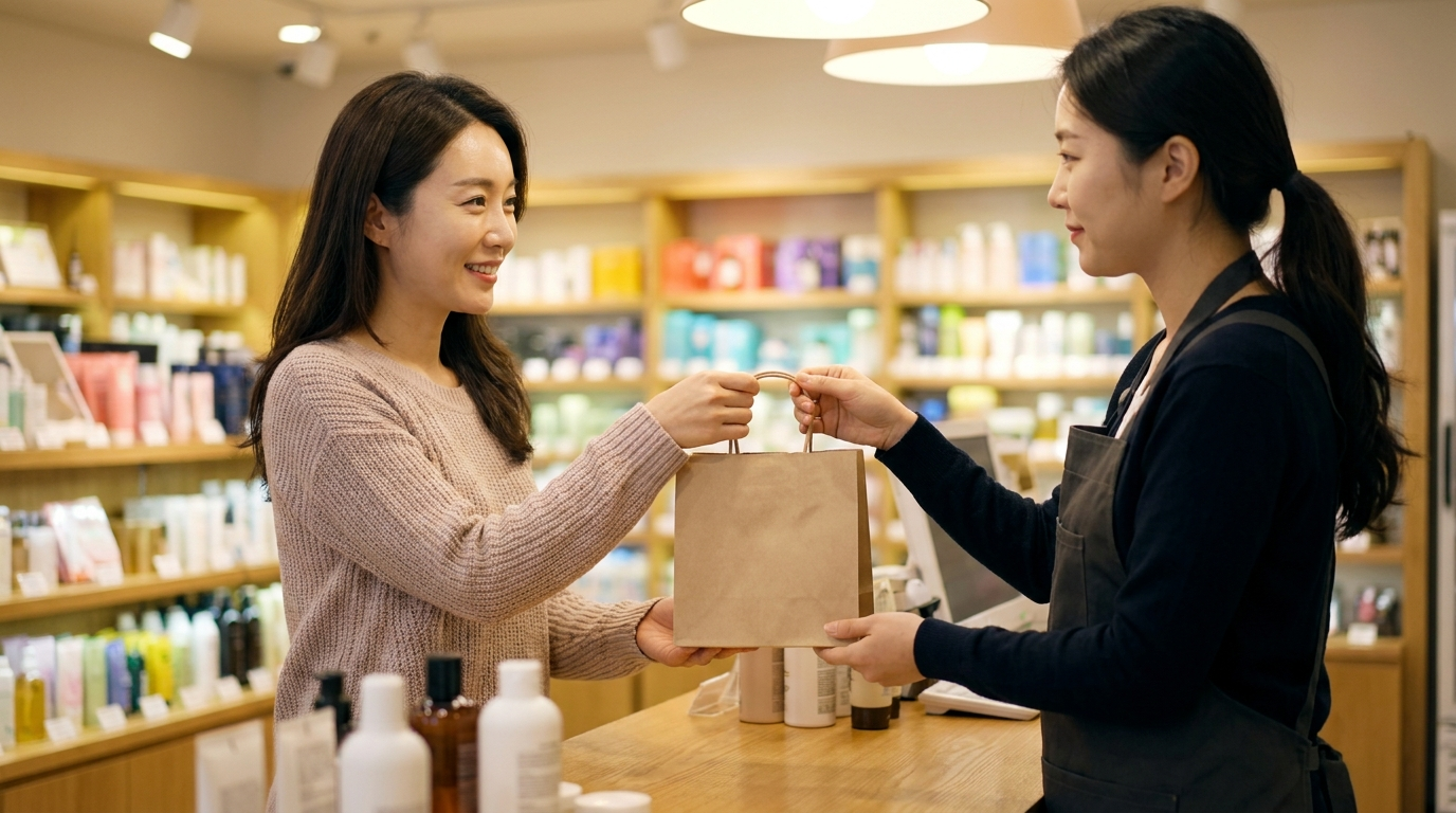 화장품 매장에서 쇼핑백 받는 모습