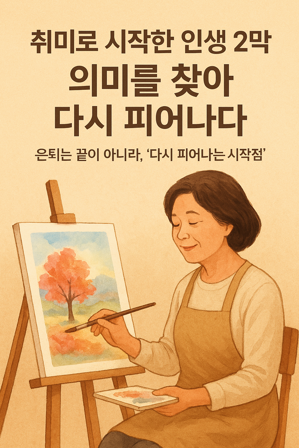 이젤 위에 올려져 있는 캔버스에는 푸른 하늘과 붉게 물든 나무가 한 그루 서 있고, 그 앞에 목 아래 앞치마를 두른 중년의 여성이 의자에 앉아 손에 붓을 들고 그림 속 나무 밑에 붉은 색으로 칠을 하고 있는 이미지