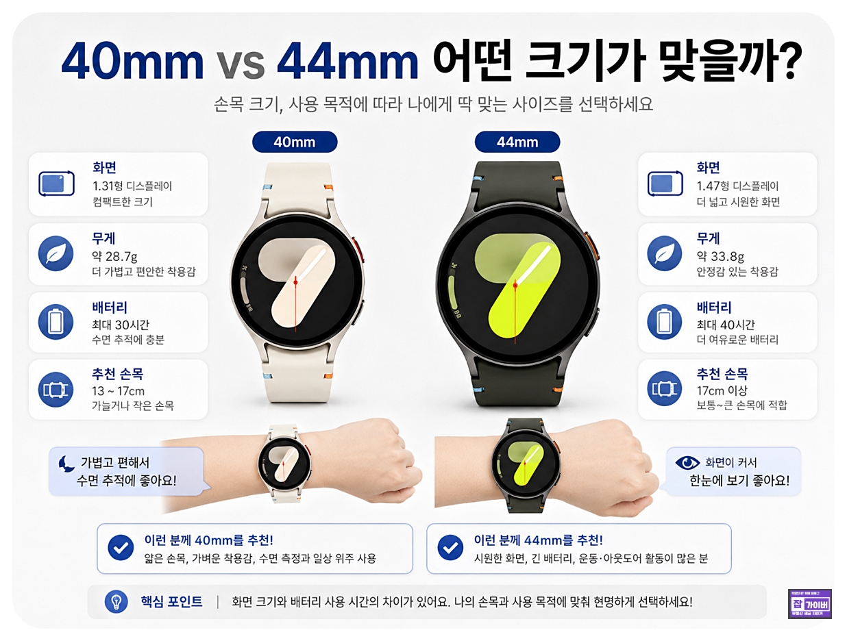 갤럭시 워치9 40mm와 44mm 화면 크기 무게 배터리 착용감 비교