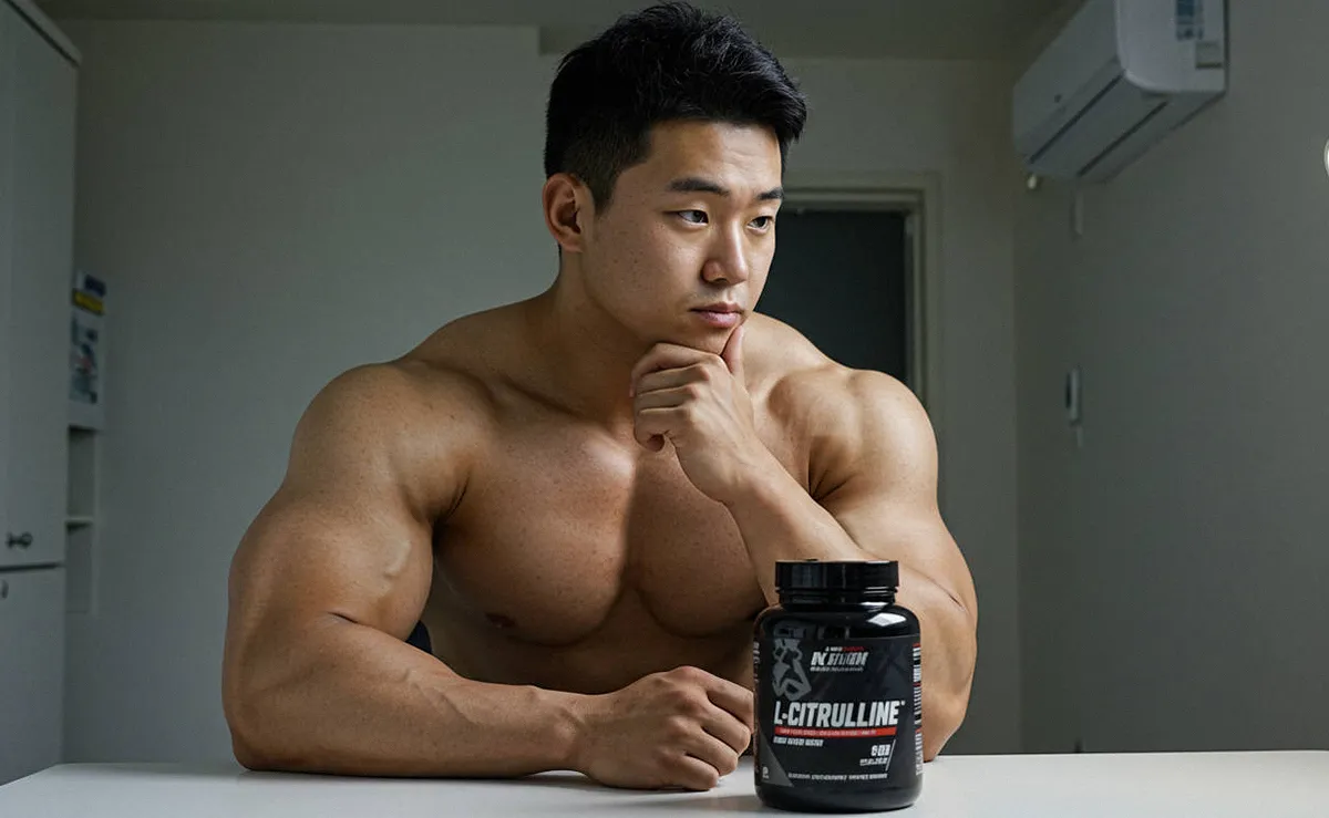 L-시트룰린 보충제를 바라보며 고민하는 상체 근육질 남성 보디빌더