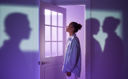 문 앞에 홀로 서 있는 여성