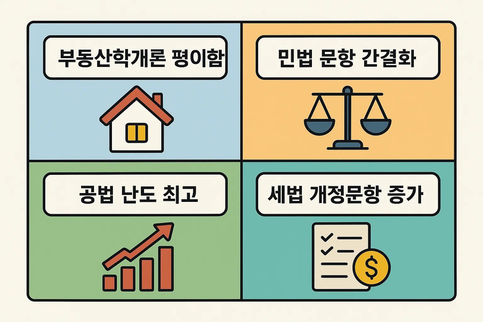 부동산학개론&middot;민법&middot;공법&middot;세법 등 공인중개사시험 주요 과목의 난이도 변화와 수험생 체감을 시각적으로 정리한 인포그래픽
