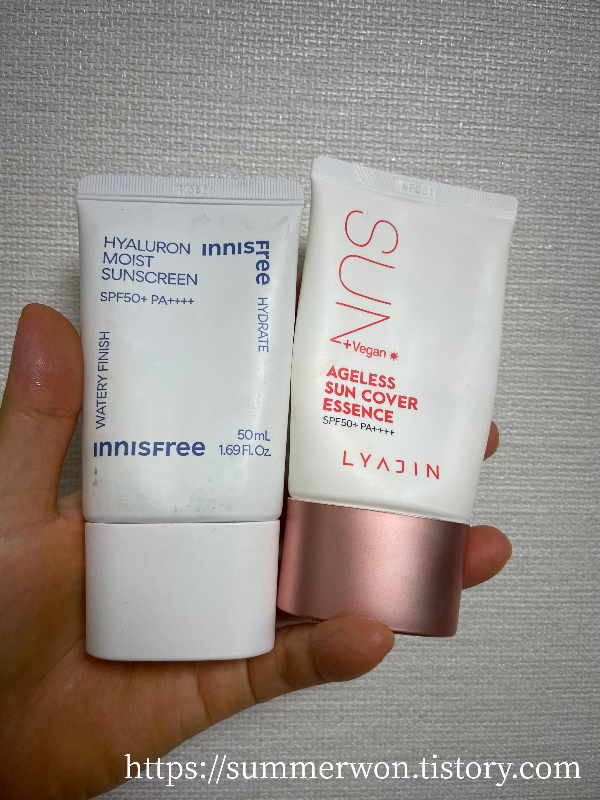 이니스프리 선크림과 리아진 선크림 비교