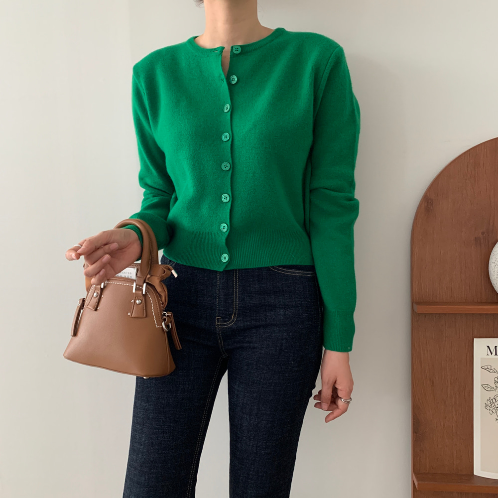 2185 가을 겨울 캐시미어 울 라운드 긴팔 크롭 니트 가디건 초록