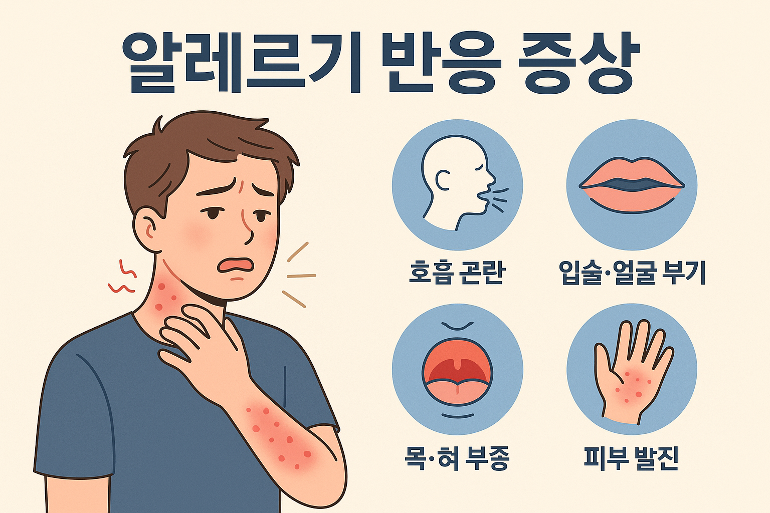 벌레 물림 후 나타날 수 있는 알레르기 반응 증상 인포그래픽 – 호흡 곤란, 입술·얼굴 붓기, 목·혀 부종, 피부 발진 아이콘 포함