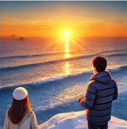 바다위로 해가 떠오르는 모습을 보는 사람