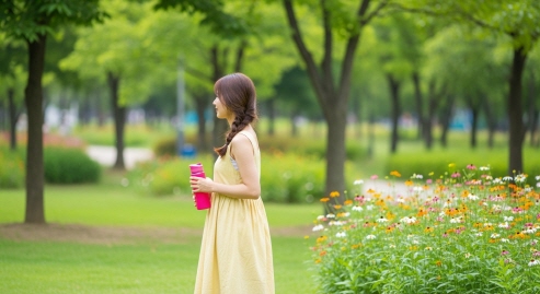 한국 여름 햇살 아래 공원에서 물병 들고 산책하는 여성