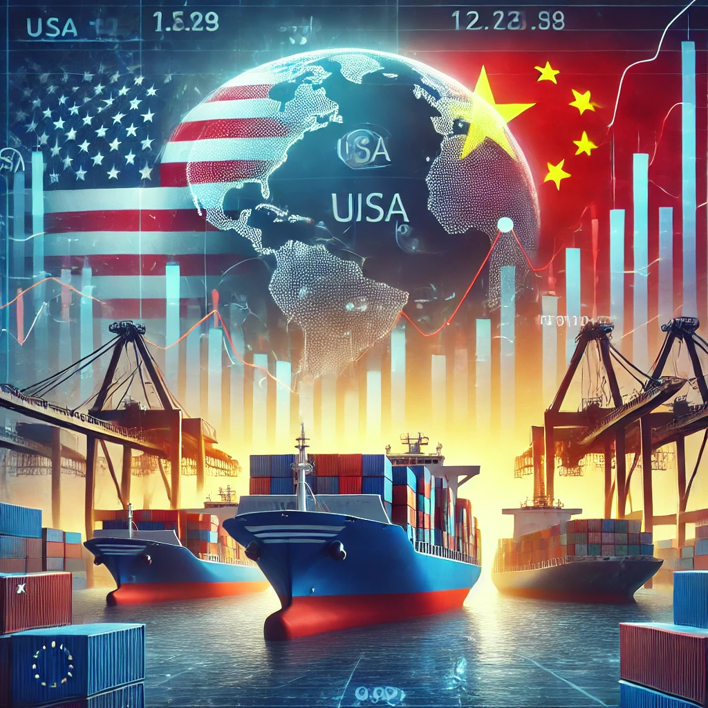 "글로벌 무역 갈등을 표현한 이미지로, 컨테이너 선박과 화물 운송 컨테이너가 배경에 배치되어 있습니다. 미국, 중국, EU 국기의 상징이 포함되어 있으며, 뒤편에는 금융 차트가 표시되어 있어 경제적 긴장과 시장 변동성을 나타냅니다."