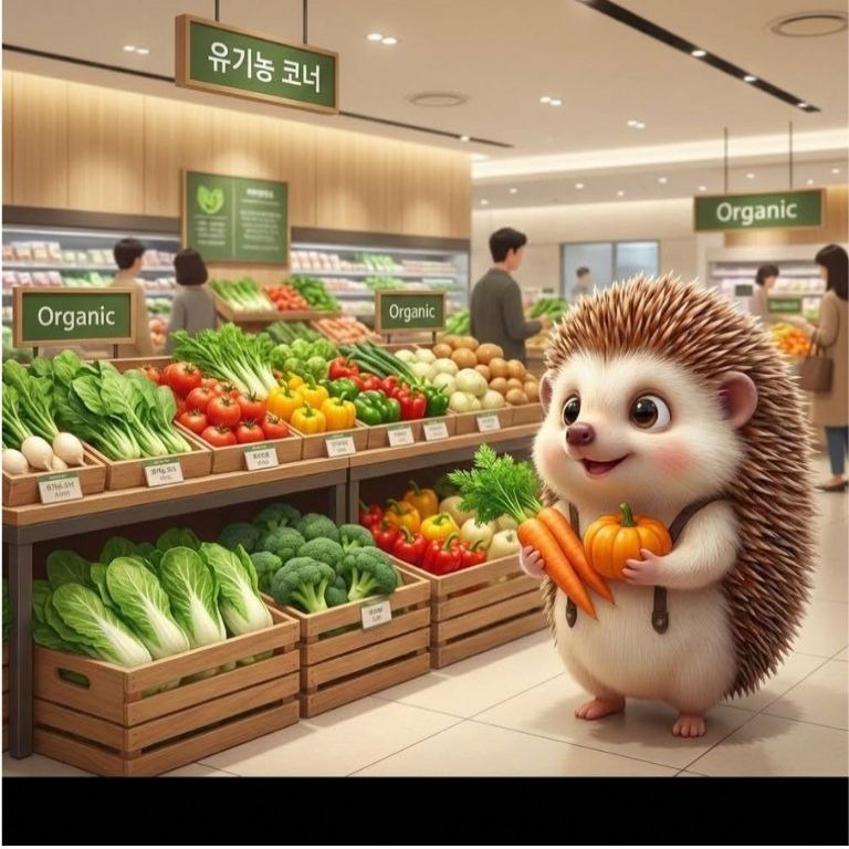 유기농 코너에서 야채를 고르고 있는 도치씨의 모습