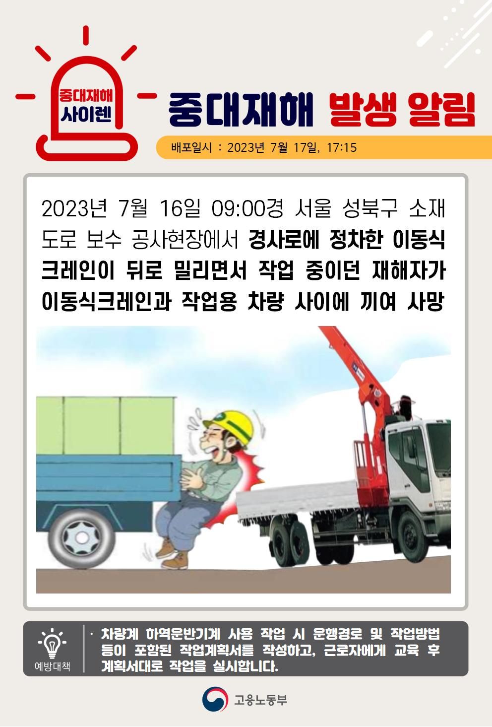 경사로에 정차한 이동식크레인이 뒤로 밀리면서 끼임