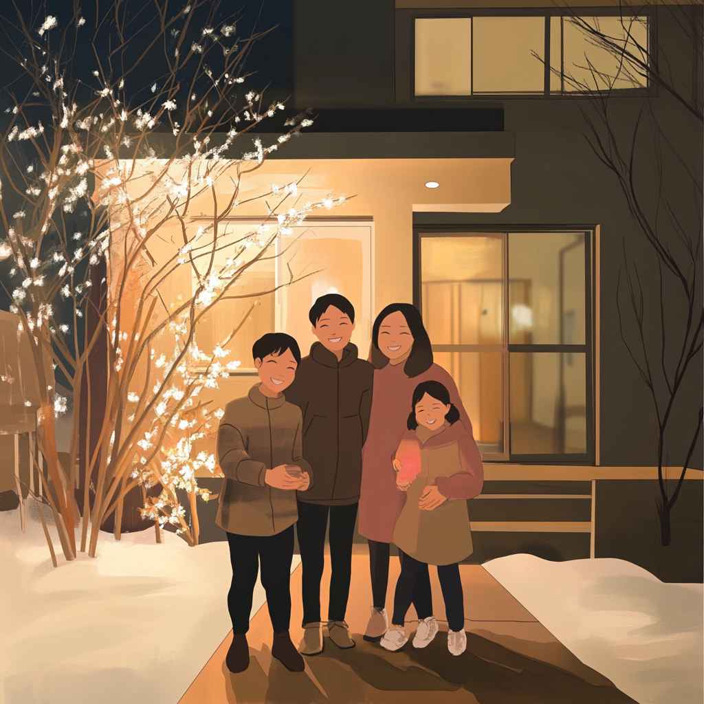 가족-일러스트-겨울-눈내리는밤-행복한순간