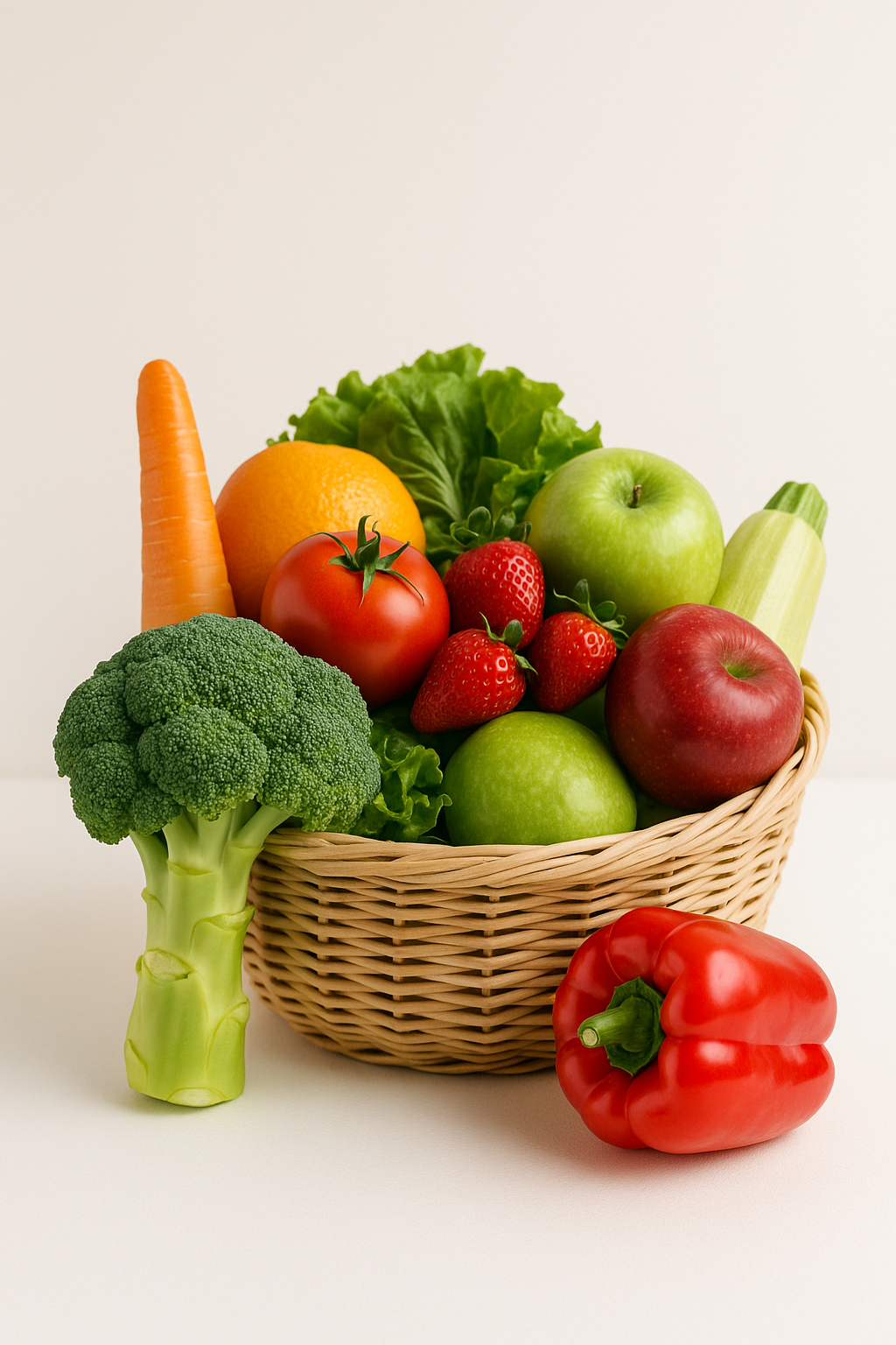 고화질 바구니에 담긴 다양한 신선한 채소와 과일 — 브로콜리, 빨간 파프리카, 당근, 오렌지, 토마토, 딸기, 녹색 사과, 적색 사과, 애호박, 상추