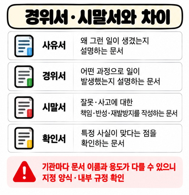 사유서 경위서 시말서 확인서의 목적과 차이를 한눈에 비교하는 카드