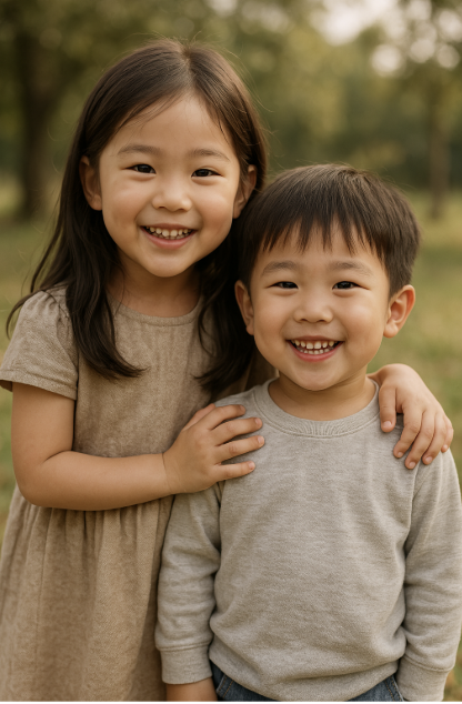 "야외에서 나란히 서서 환하게 웃고 있는 어린 남매. 누나는 베이지색 원피스를 입고 동생의 어깨에 손을 얹고 있으며, 남동생은 회색 티셔츠를 입고 있다. 배경은 부드러운 자연 풍경이다."