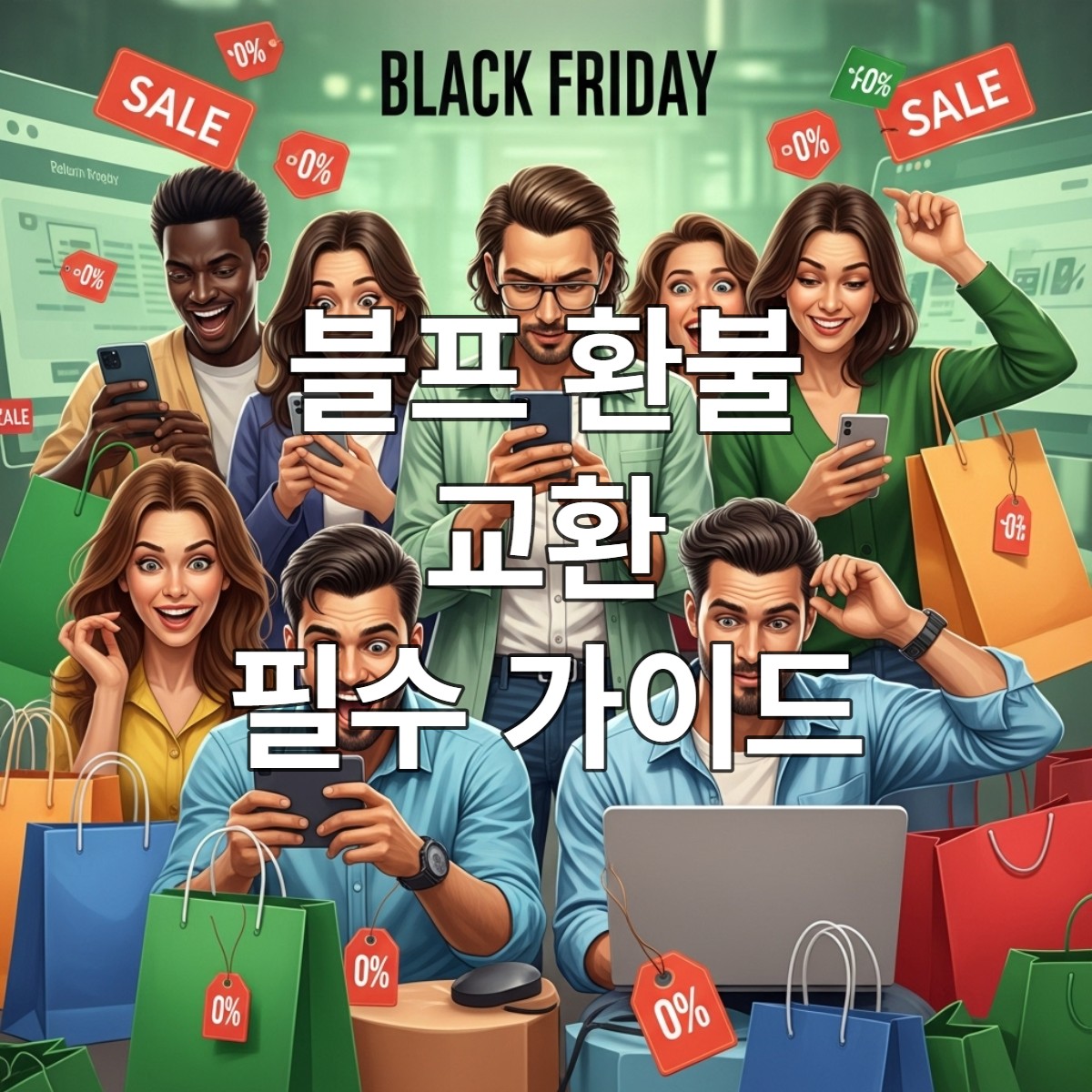 블랙프라이데이 쇼핑을 즐기는 사람들이 교환 및 환불 정책을 고민하는 모습