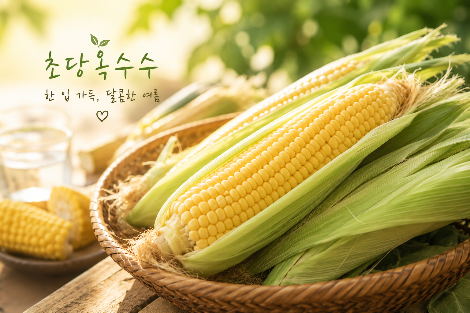 나무 테이블 위에 초당옥수수가 바구니에 담겨 있는 자연광이 들어오는 감성 사진