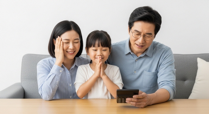 계산기 결과를 보고 안도하는 가족의 모습