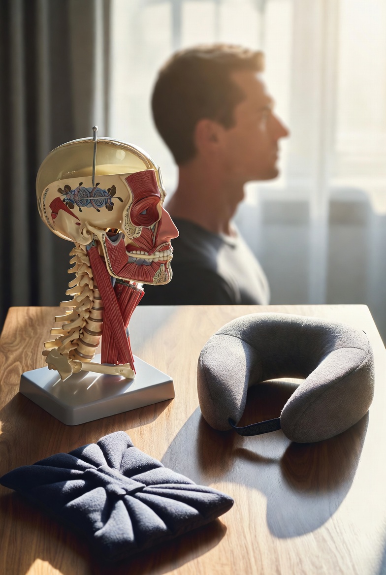 C자 커브가 무너진 목뼈 해부학 모델 옆으로 목 베개와 스트레칭 도구가 놓여 있고, 배경으로는 바른 자세를 취한 사람의 실루엣이 보이는 이미지