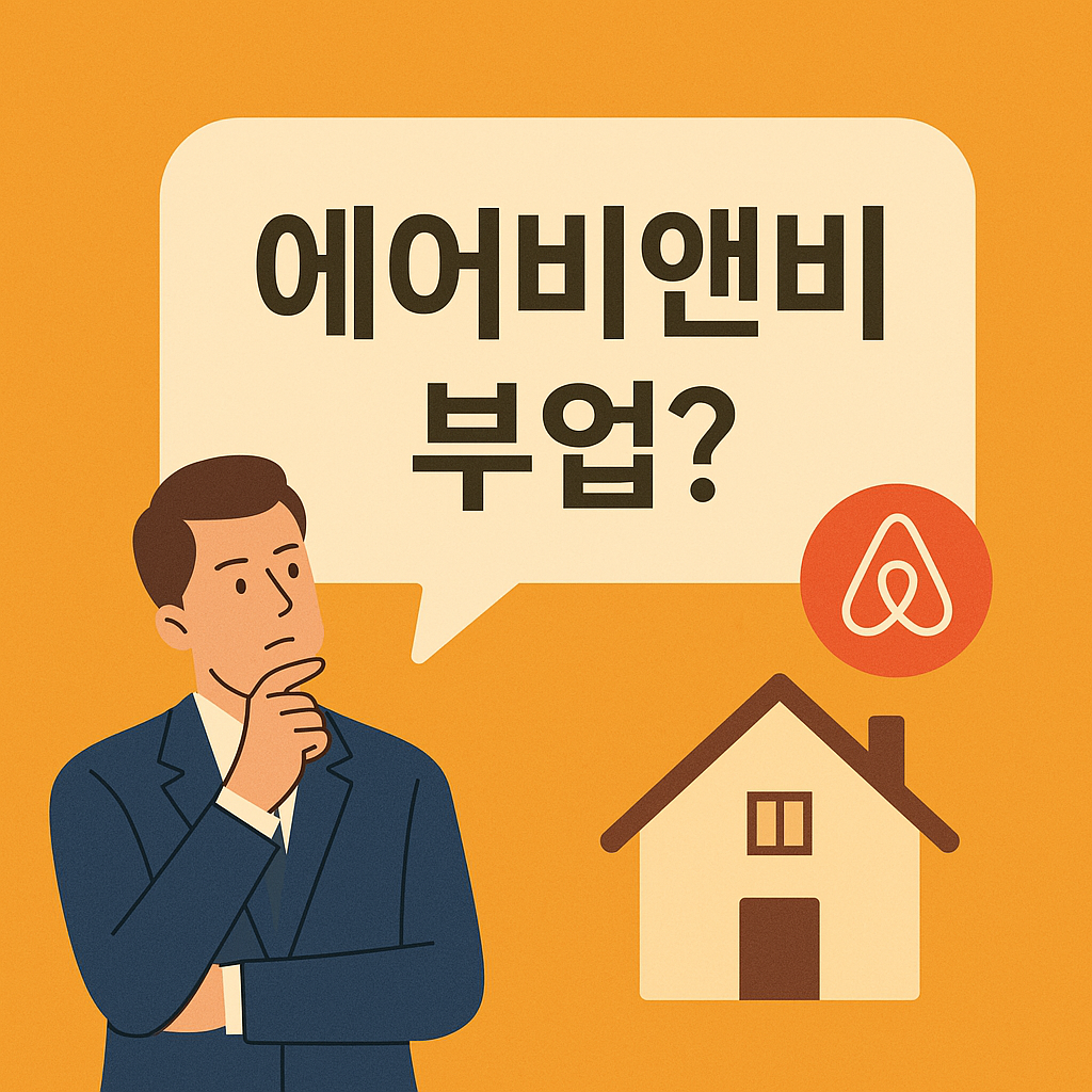에어비앤비 로고와 집 아이콘을 바라보는 인물과 함께 ‘에어비앤비 부업?’이라는 문구가 강조된 플랫 스타일 디지털 일러스트. 부업을 고민하는 사람의 시선을 표현하며, 따뜻하고 직관적인 배경이 특징.