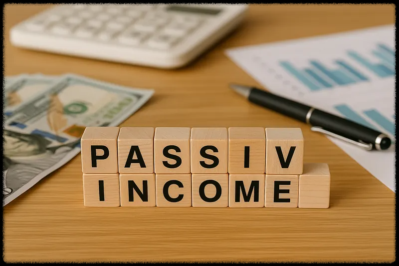 'Passive Income' 블록과 달러 지폐, 그래프가 부업 수익을 상징