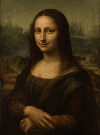 신비로운 미소를 짓는 여성의 초상, 레오나르도 다빈치 르네상스 스타일로, 완벽한 인체 비례, 정교한 명암법, 부드러운 스푸마토 기법