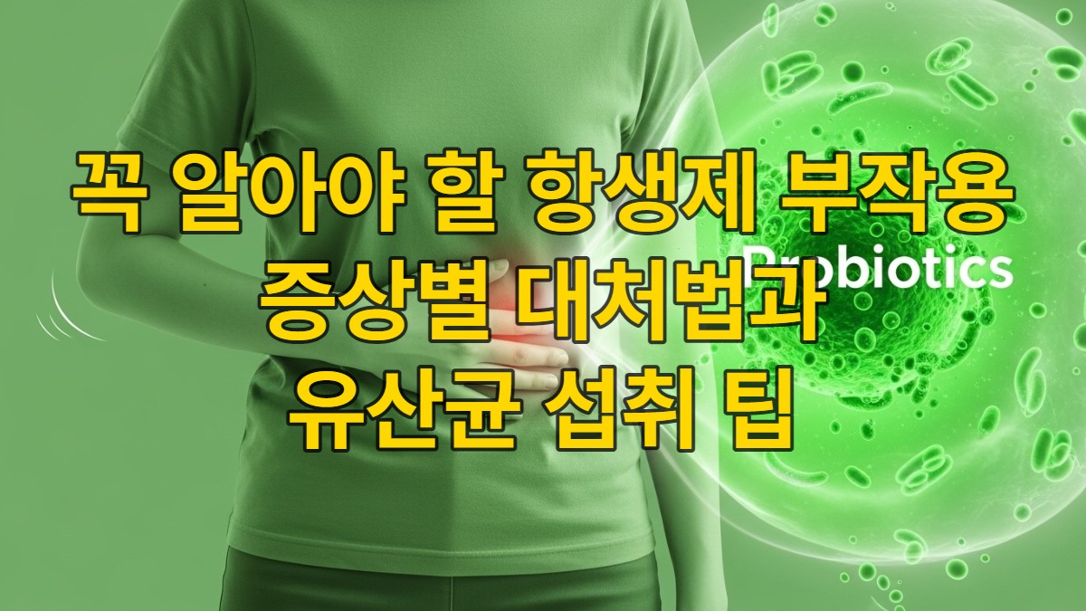 항생제 부작용으로 인한 설사, 두드러기, 위장장애를 겪는 사람의 모습과 유산균으로 회복되는 과정을 표현한 이미지
