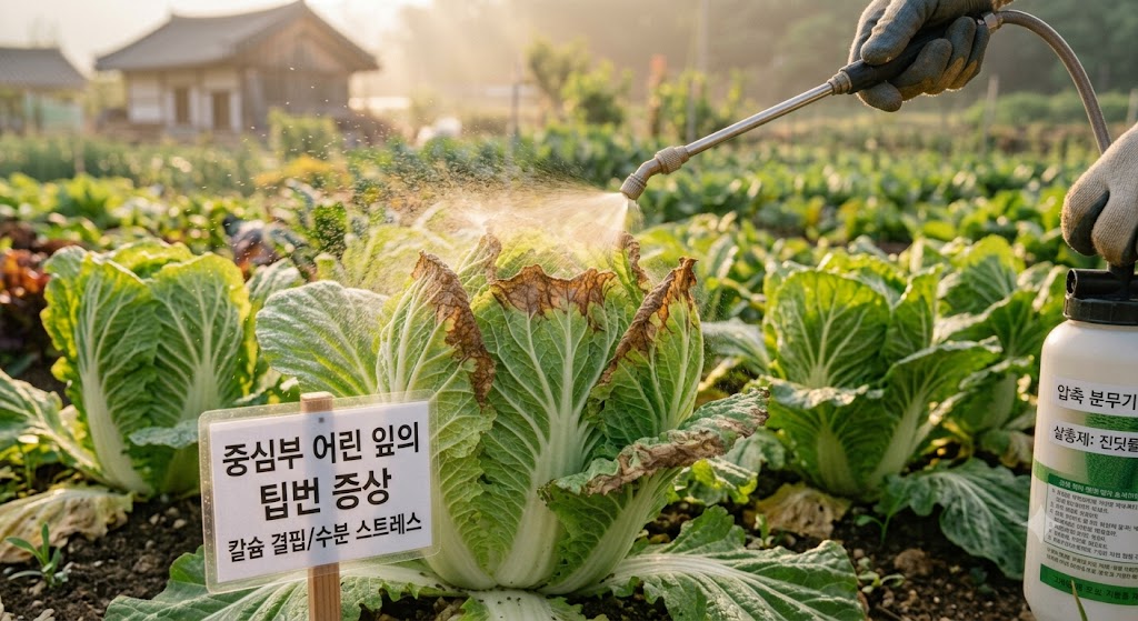 배추 속잎 중심부를 향해 분무기 노즐을 대고 염화칼슘 희석액을 직접 살포하는 농부의 모습