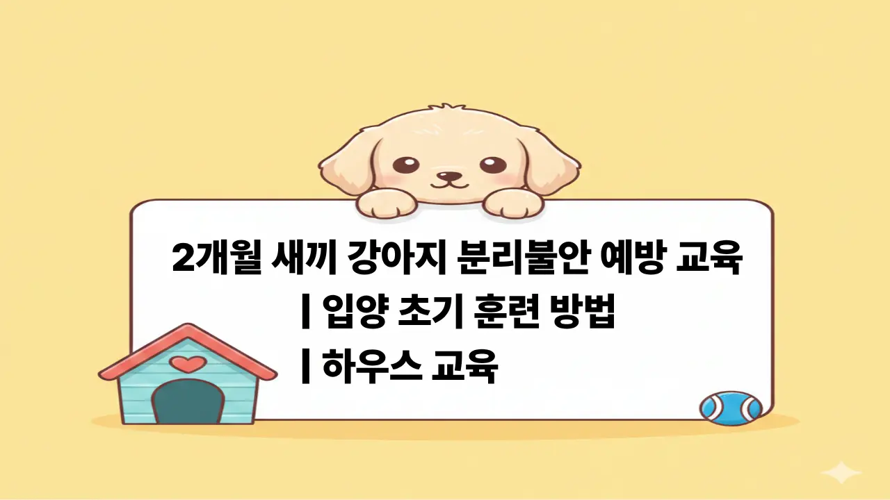 입양 초기 새끼 강아지 분리불안 예방 및 하우스 교육 방법을 설명하는 귀여운 강아지 일러스트 이미지