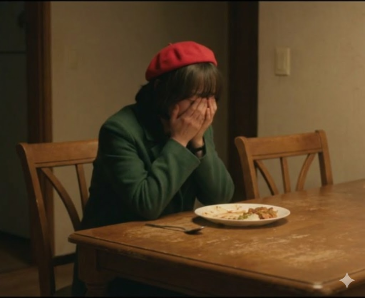 주인공 고영례가 식탁에서 밥을 먹다 눈물을 흘리는 모습