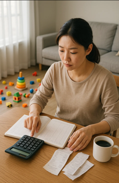육아맘이 지출을 점검하며 가계부를 보는 모습