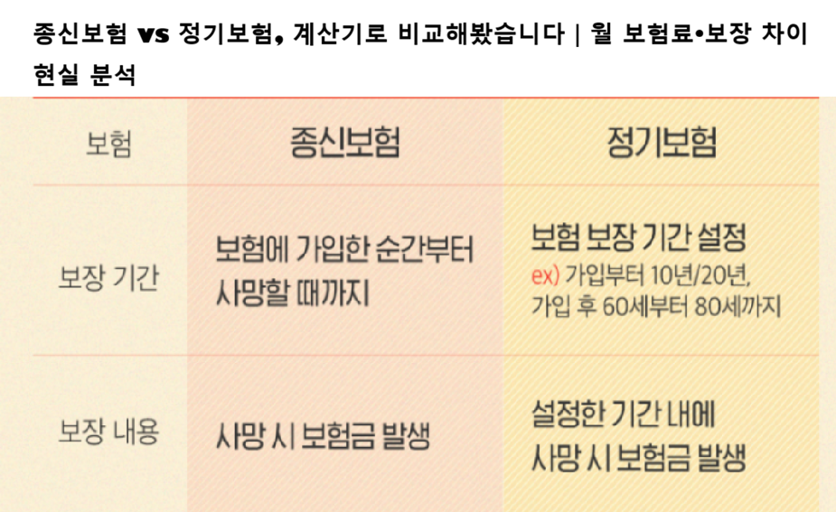 종신보험 vs 정기보험, 계산기로 비교해봤습니다|월 보험료·보장 차이 현실 분석