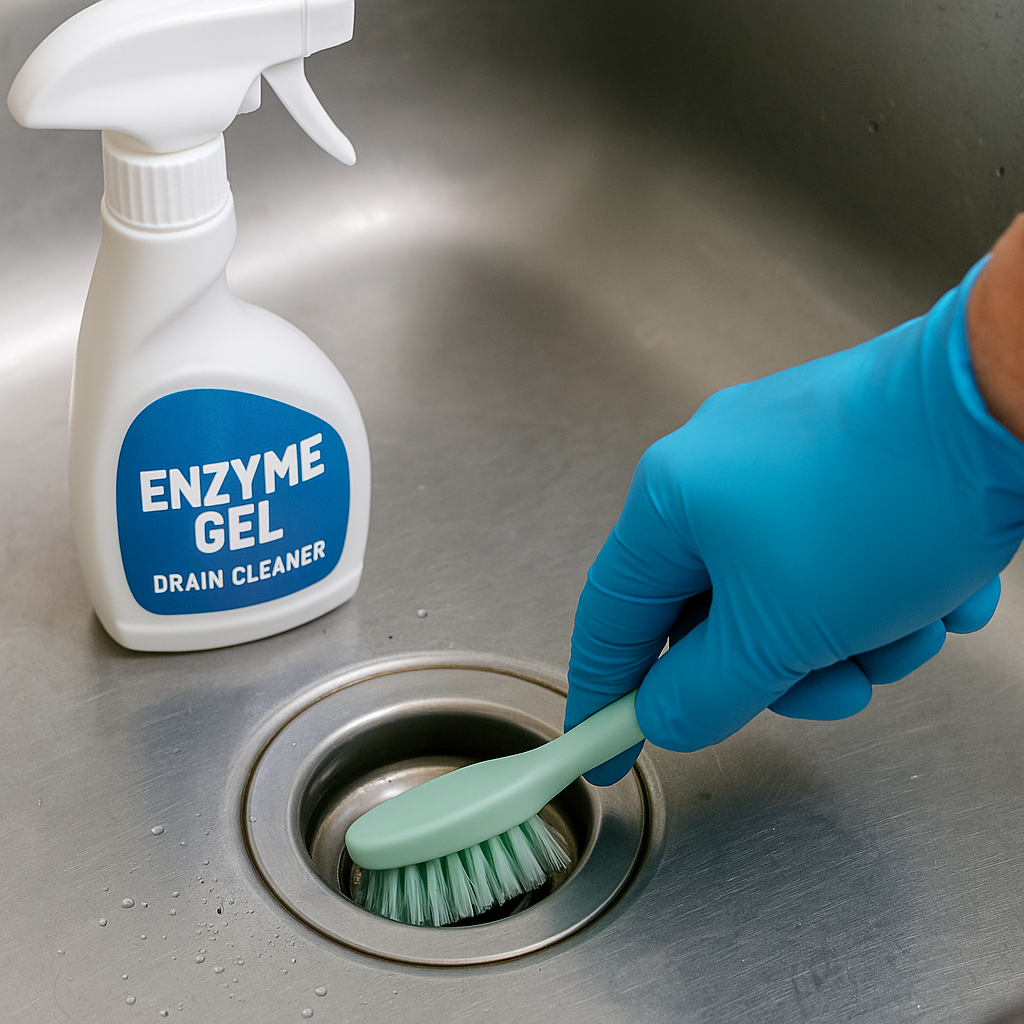 싱크대 배수구 내벽을 엔자임 세정제로 강모 브러시로 문지르는 모습